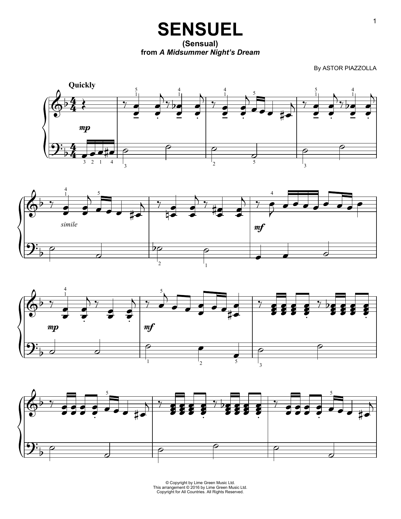 Astor Piazzolla Sensuel sheet music notes and chords. Download Printable PDF.