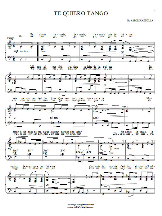 Learn to play Astor Piazzolla Te quiero tango sheet music for Piano Solo in minutes. Astor Piazzolla Te quiero tango sheet music notes and chords. Download Printable PDF.