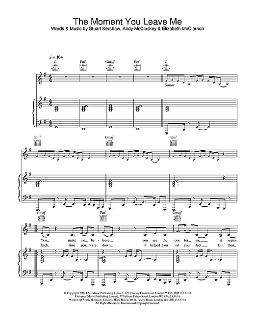 Atomic Kitten The Moment You Leave Me sheet music notes and chords. Download Printable PDF.