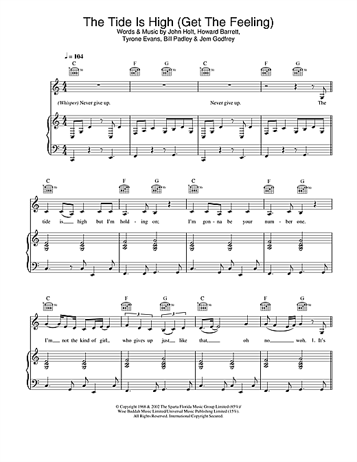 Atomic Kitten The Tide Is High (Get The Feeling) sheet music notes and chords. Download Printable PDF.