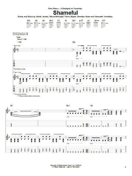 Atreyu Shameful sheet music notes and chords. Download Printable PDF.