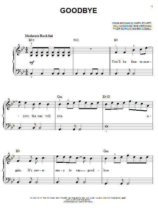 Learn to play Audio Adrenaline Goodbye sheet music for Easy Piano in minutes. Price: 6.9900$ Audio Adrenaline Goodbye sheet music notes and chords arranged for Easy Piano