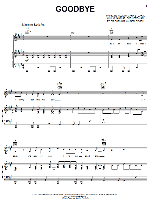 Audio Adrenaline Goodbye sheet music notes and chords. Download Printable PDF.