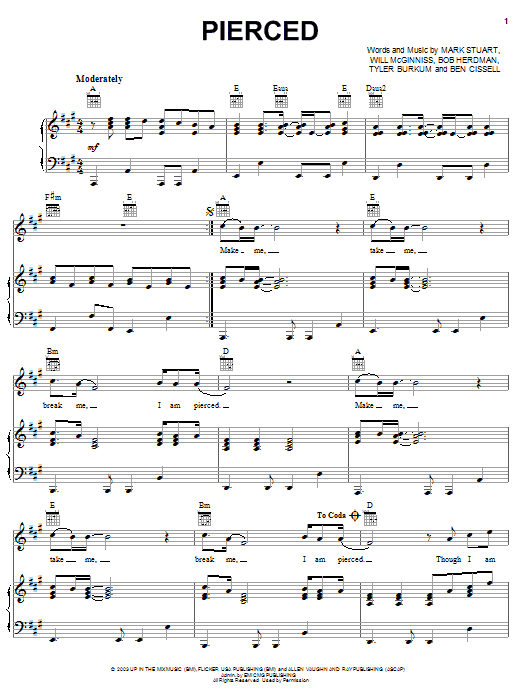 Audio Adrenaline Pierced sheet music notes and chords. Download Printable PDF.