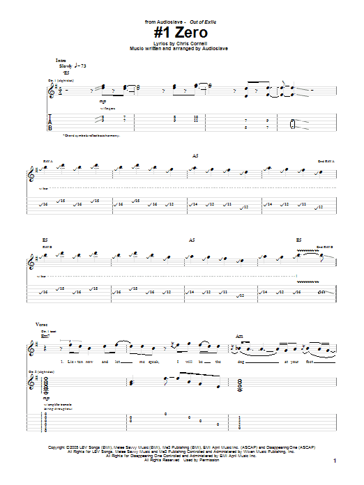 Audioslave #1 Zero sheet music notes and chords. Download Printable PDF.