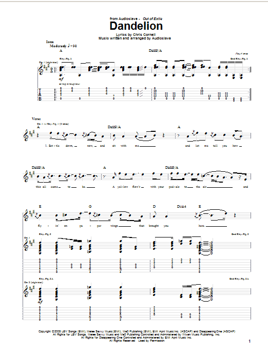 Audioslave Dandelion sheet music notes and chords. Download Printable PDF.