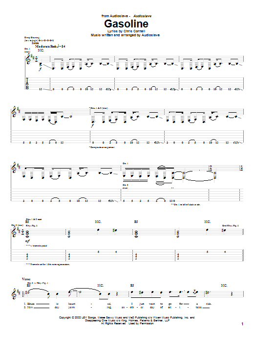 Audioslave Gasoline sheet music notes and chords. Download Printable PDF.