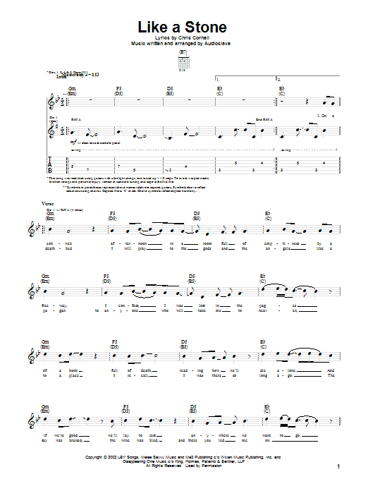 Audioslave Like A Stone sheet music notes and chords. Download Printable PDF.