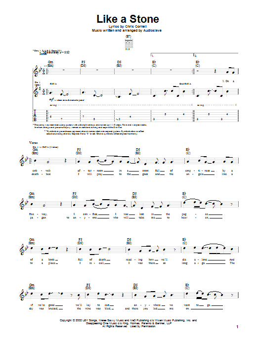 Learn to play Audioslave Like A Stone sheet music for Bass Guitar Tab in minutes. Audioslave Like A Stone sheet music notes and chords. Download Printable PDF.