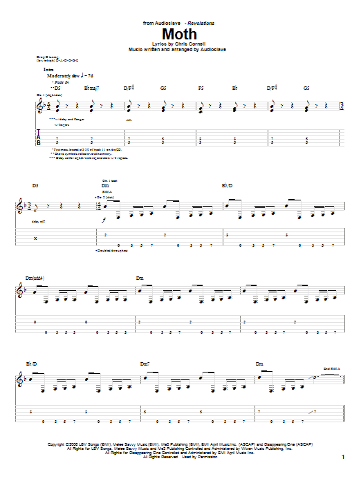 Audioslave Moth sheet music notes and chords. Download Printable PDF.