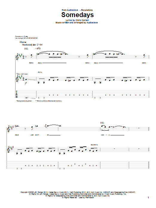 Audioslave Somedays sheet music notes and chords. Download Printable PDF.