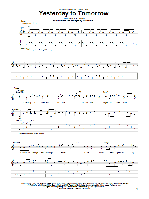 Audioslave Yesterday To Tomorrow sheet music notes and chords. Download Printable PDF.