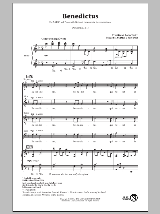 Audrey Snyder Benedictus sheet music notes and chords. Download Printable PDF.