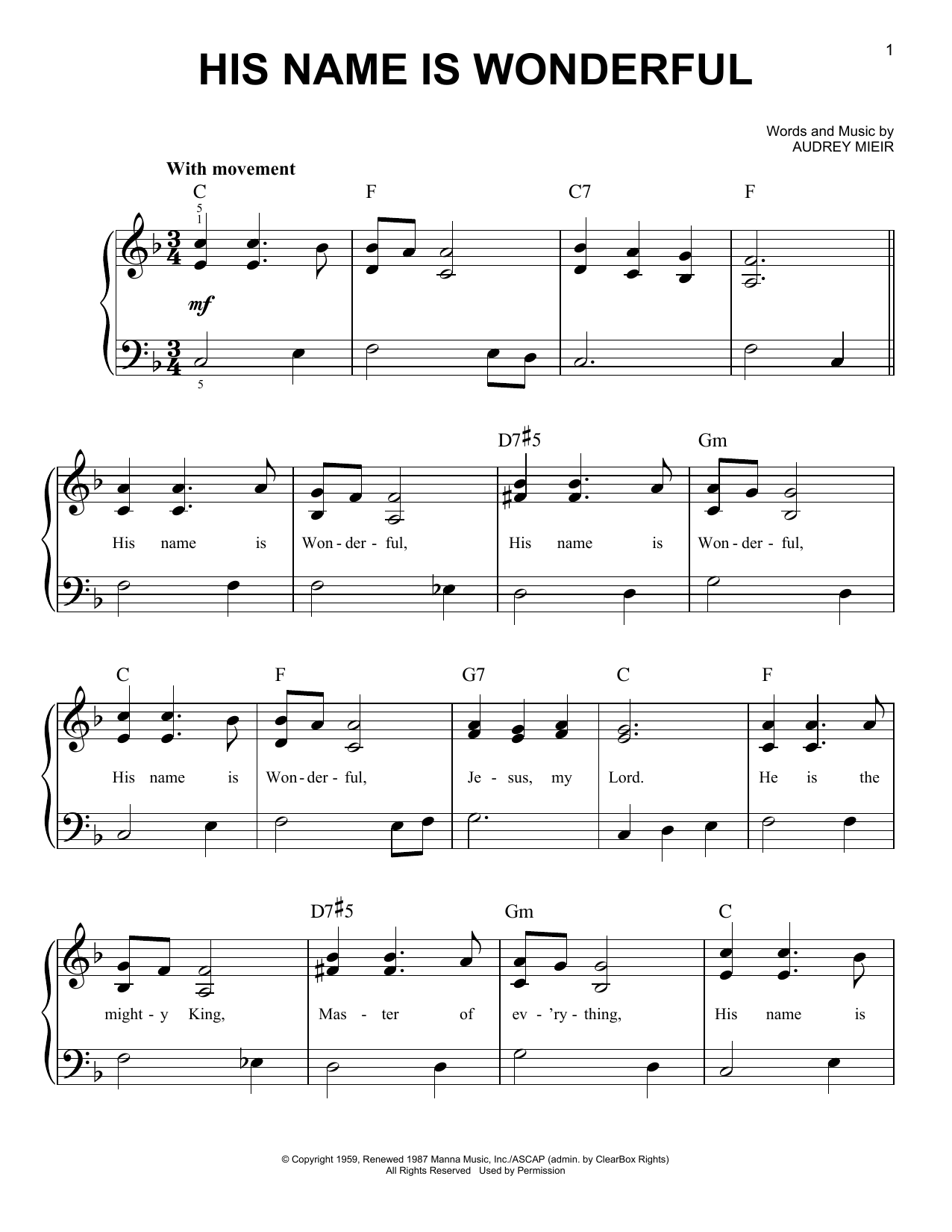 Learn to play Audrey Mieir His Name Is Wonderful sheet music for Super Easy Piano in minutes. Price: 5.9900$ Audrey Mieir His Name Is Wonderful sheet music notes and chords arranged for Super Easy Piano