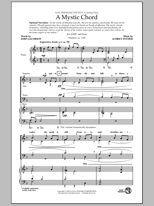 Learn to play Audrey Snyder A Mystic Chord sheet music for SSA Choir in minutes. Price: 3.9900$ Audrey Snyder A Mystic Chord sheet music notes and chords arranged for SSA Choir