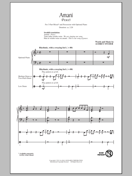 Audrey Snyder Amani (Peace) sheet music notes and chords. Download Printable PDF.