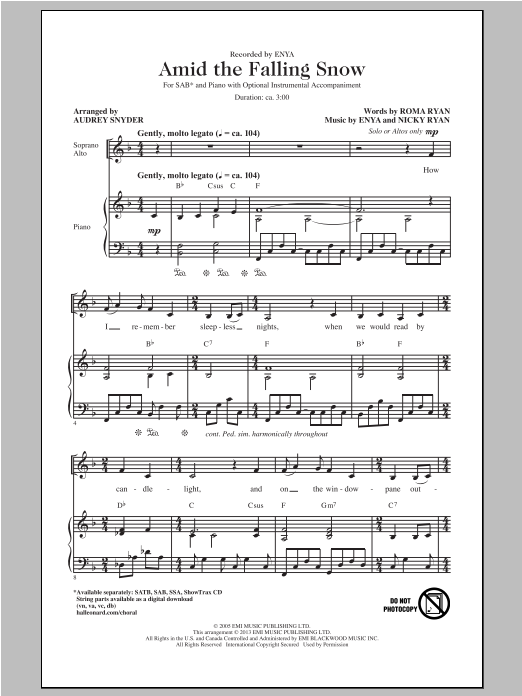 Learn to play Audrey Snyder Amid The Falling Snow sheet music for SSA Choir in minutes. Price: 3.9900$ Audrey Snyder Amid The Falling Snow sheet music notes and chords arranged for SSA Choir