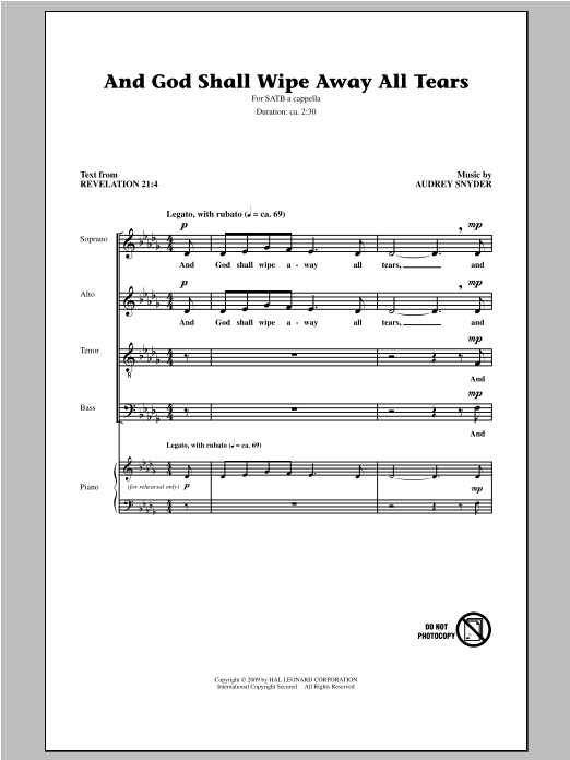 Learn to play Audrey Snyder And God Shall Wipe Away All Tears sheet music for SATB Choir in minutes. Price: 3.9900$ Audrey Snyder And God Shall Wipe Away All Tears sheet music notes and chords arranged for SATB Choir