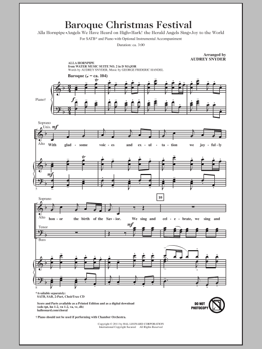 Learn to play Audrey Snyder Baroque Christmas Festival (Medley) sheet music for SAB Choir in minutes. Price: 3.9900$ Audrey Snyder Baroque Christmas Festival (Medley) sheet music notes and chords arranged for SAB Choir