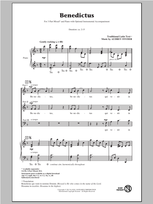 Audrey Snyder Benedictus sheet music notes and chords. Download Printable PDF.