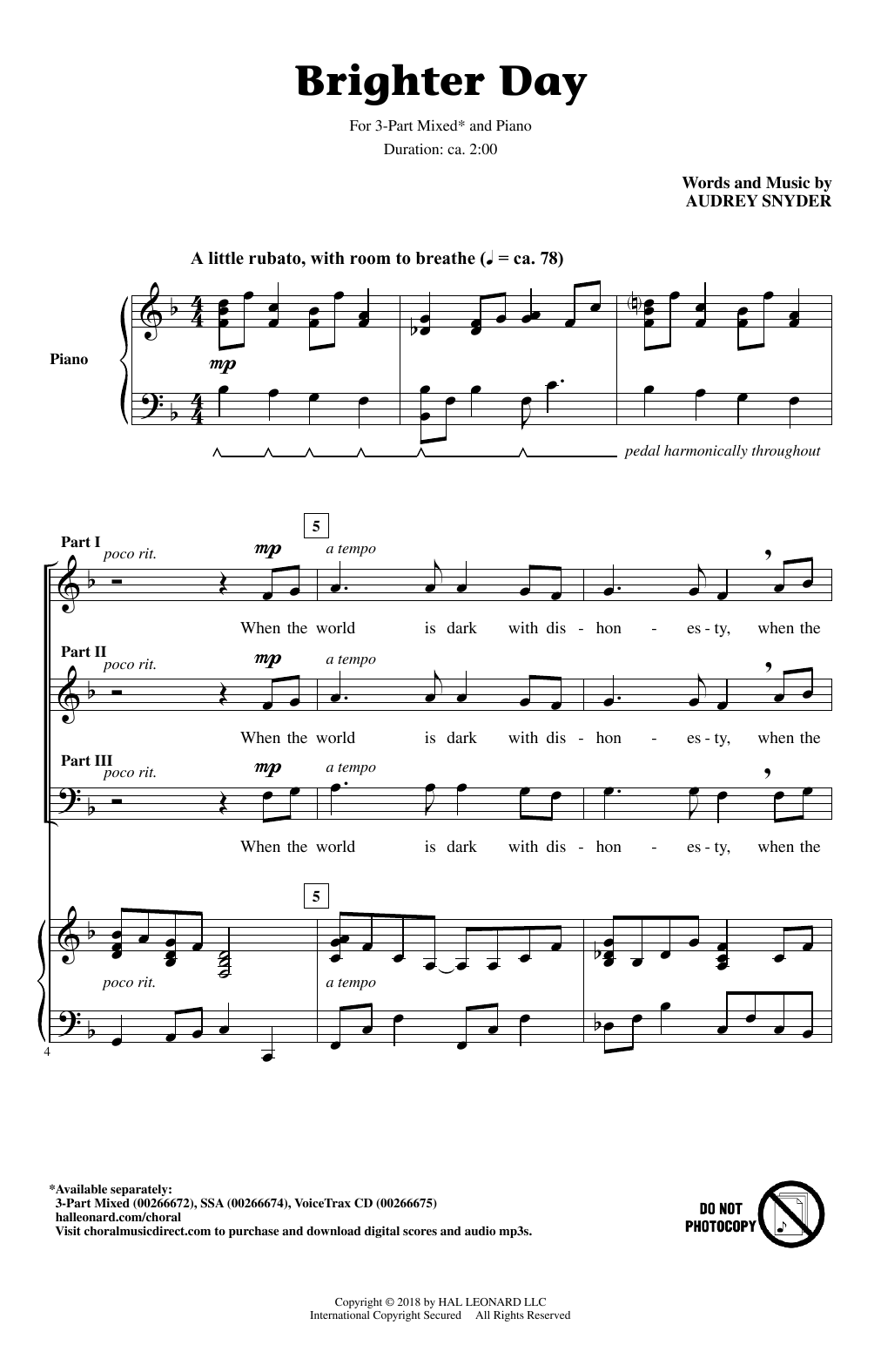 Audrey Snyder Brighter Day sheet music notes and chords. Download Printable PDF.