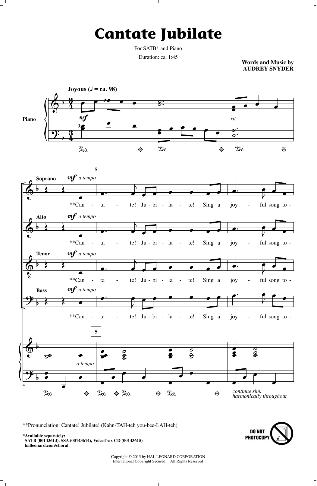 Audrey Snyder Cantate Jubilate sheet music notes and chords. Download Printable PDF.