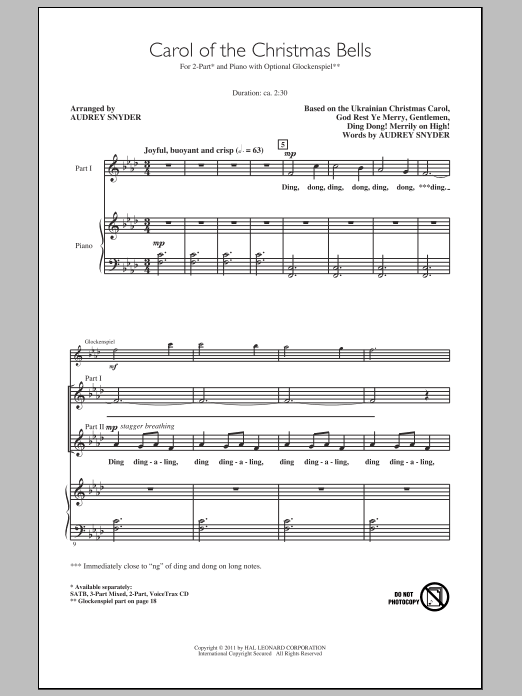 Audrey Snyder Carol Of The Christmas Bells sheet music notes and chords. Download Printable PDF.