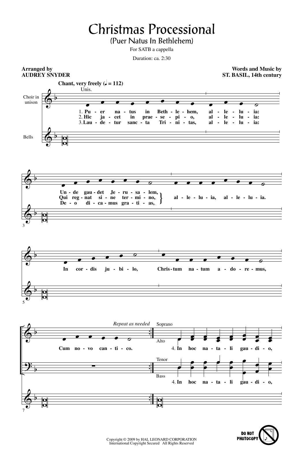 Learn to play Traditional Christmas Processional (Puer Natus In Bethlehem) (arr. Audrey Snyder) sheet music for SATB Choir in minutes. Price: 3.9900$ Traditional Christmas Processional (Puer Natus In Bethlehem) (arr. Audrey Snyder) sheet music notes and chords arranged for SATB Choir