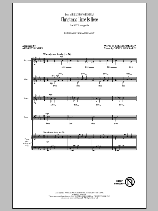 Learn to play Audrey Snyder Christmas Time Is Here sheet music for SATB Choir in minutes. Price: 3.9900$ Audrey Snyder Christmas Time Is Here sheet music notes and chords arranged for SATB Choir