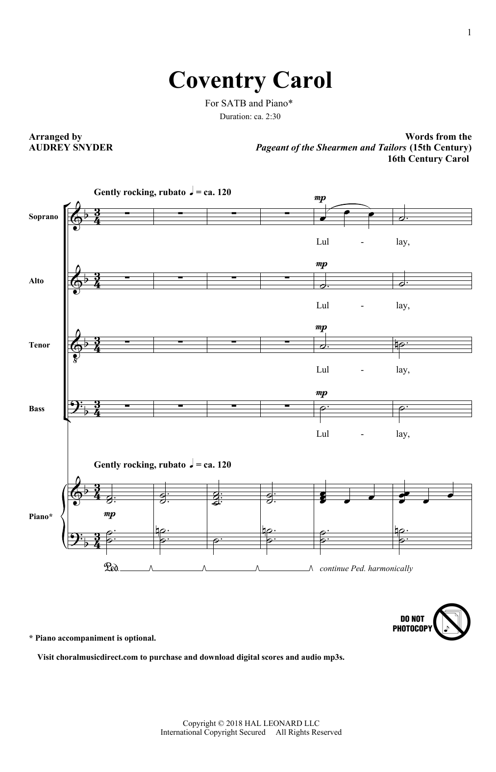 Audrey Snyder Coventry Carol sheet music notes and chords. Download Printable PDF.