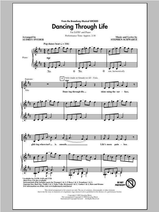 Learn to play Audrey Snyder Dancing Through Life (from Wicked) sheet music for TTBB Choir in minutes. Audrey Snyder Dancing Through Life (from Wicked) sheet music notes and chords. Download Printable PDF.
