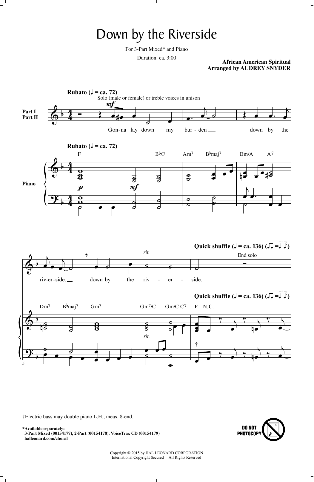 Learn to play Audrey Snyder Down By The Riverside sheet music for 3-Part Mixed Choir in minutes. Price: 3.9900$ Audrey Snyder Down By The Riverside sheet music notes and chords arranged for 3-Part Mixed Choir
