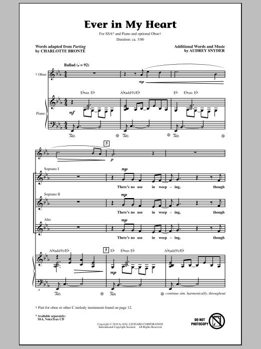 Learn to play Audrey Snyder Ever In My Heart sheet music for SSA Choir in minutes. Price: 3.9900$ Audrey Snyder Ever In My Heart sheet music notes and chords arranged for SSA Choir