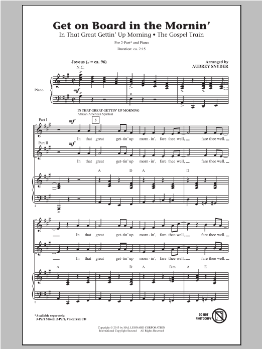Audrey Snyder Get On Board In The Mornin' sheet music notes and chords. Download Printable PDF.