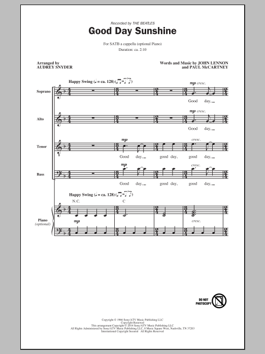 The Beatles Good Day Sunshine (arr. Audrey Snyder) sheet music notes and chords. Download Printable PDF.