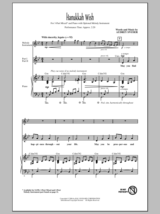 Audrey Snyder Hanukkah Wish sheet music notes and chords. Download Printable PDF.