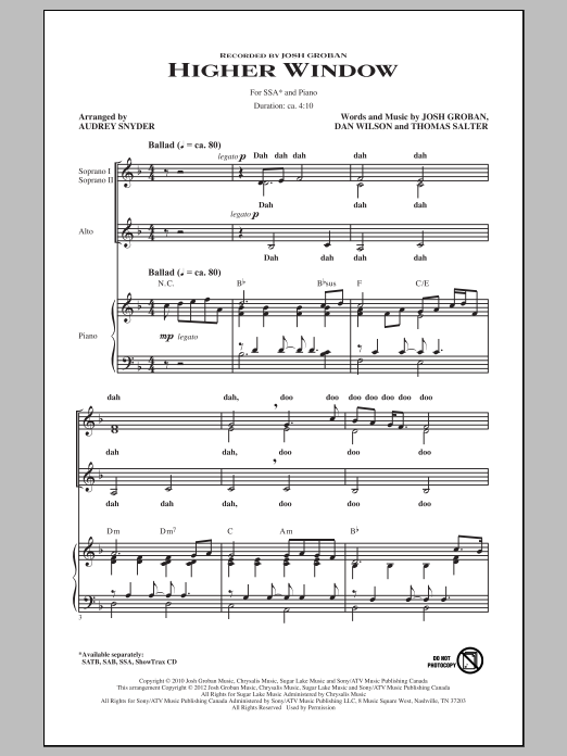 Audrey Snyder Higher Window sheet music notes and chords. Download Printable PDF.