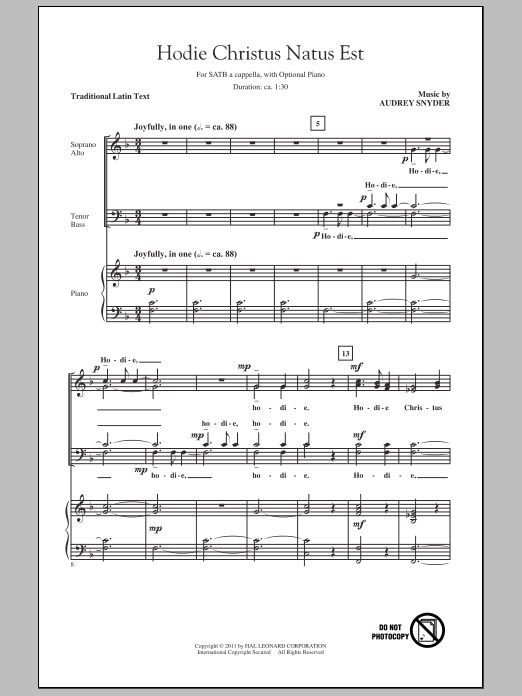 Learn to play Audrey Snyder Hodie Christus Natus Est sheet music for SATB Choir in minutes. Price: 3.9900$ Audrey Snyder Hodie Christus Natus Est sheet music notes and chords arranged for SATB Choir