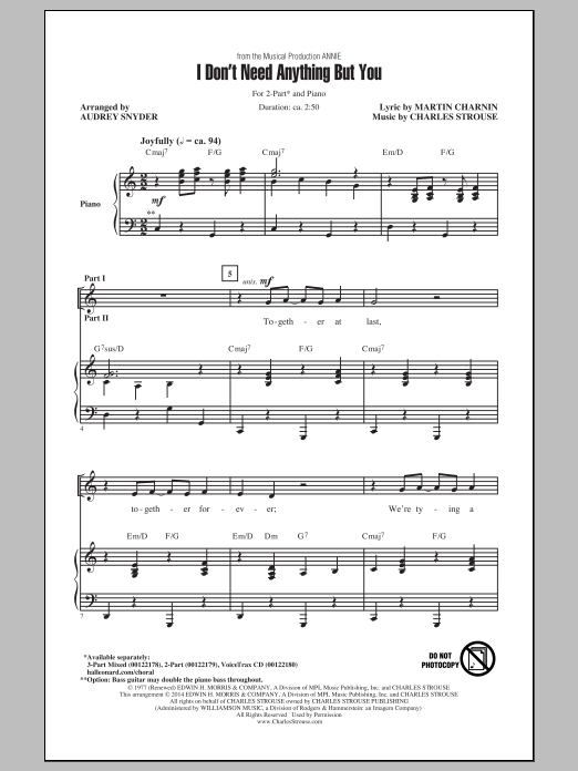 Learn to play Charles Strouse I Don't Need Anything But You (arr. Audrey Snyder) sheet music for 3-Part Mixed Choir in minutes. Price: 3.9900$ Charles Strouse I Don't Need Anything But You (arr. Audrey Snyder) sheet music notes and chords arranged for 3-Part Mixed Choir