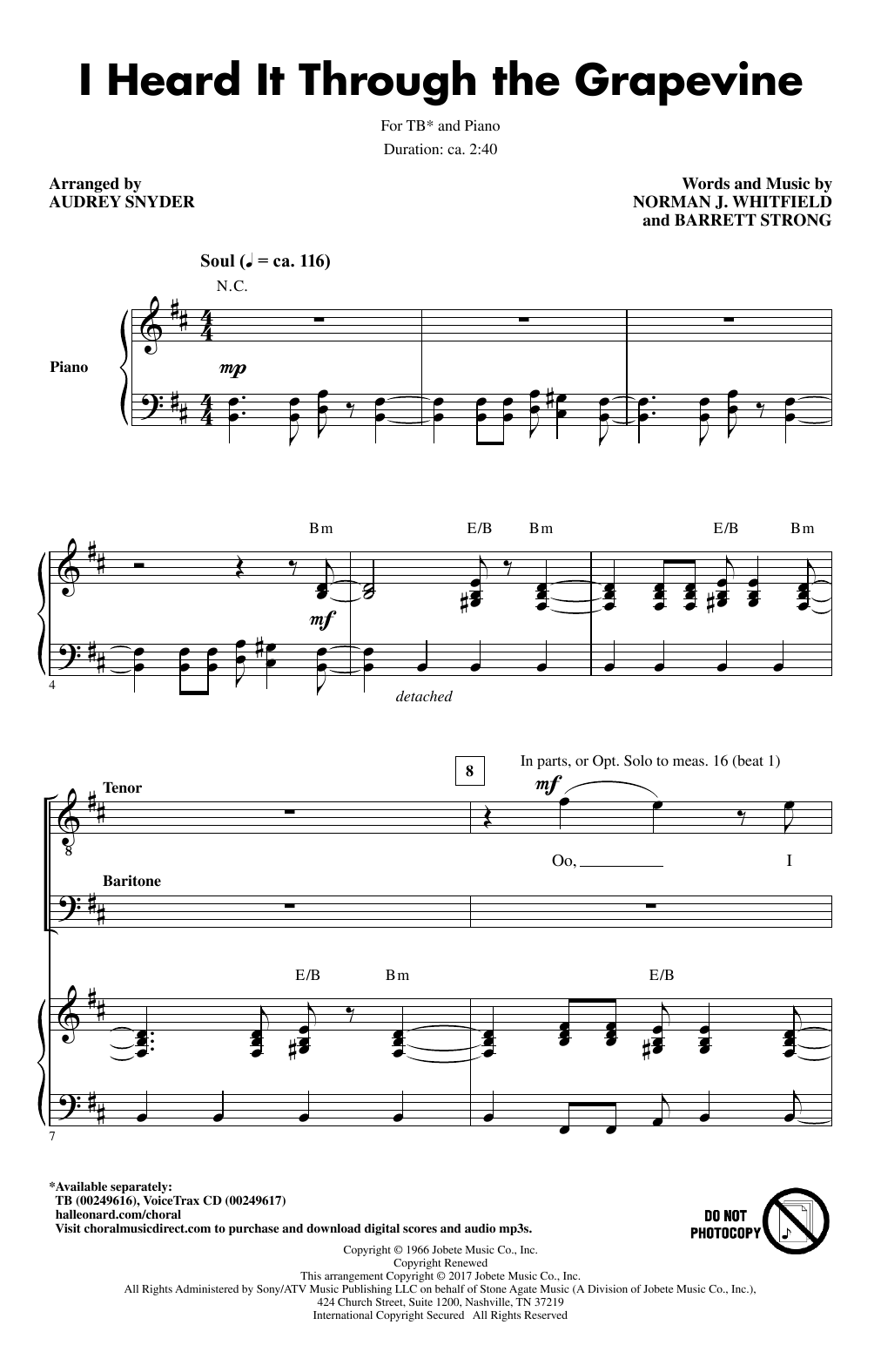 Learn to play Audrey Snyder I Heard It Through The Grapevine sheet music for TB Choir in minutes. Price: 3.9900$ Audrey Snyder I Heard It Through The Grapevine sheet music notes and chords arranged for TB Choir