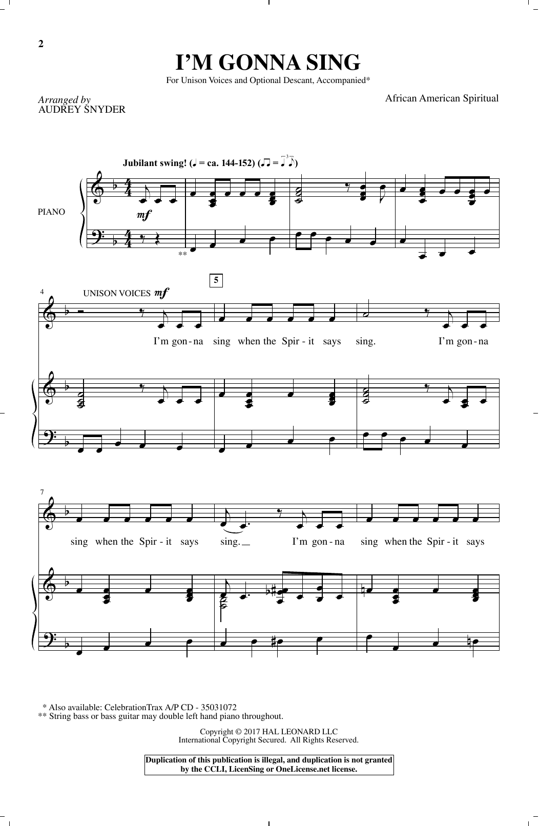Learn to play African-American Spiritual I'm Gonna Sing (arr. Audrey Snyder) sheet music for Unison Choir in minutes. African-American Spiritual I'm Gonna Sing (arr. Audrey Snyder) sheet music notes and chords. Download Printable PDF.
