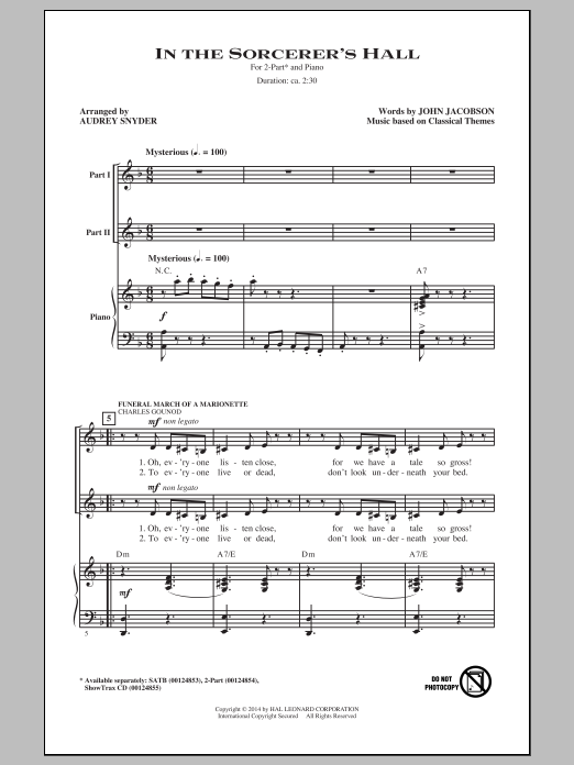 Learn to play Audrey Snyder In The Sorcerer's Hall sheet music for 2-Part Choir in minutes. Price: 3.9900$ Audrey Snyder In The Sorcerer's Hall sheet music notes and chords arranged for 2-Part Choir