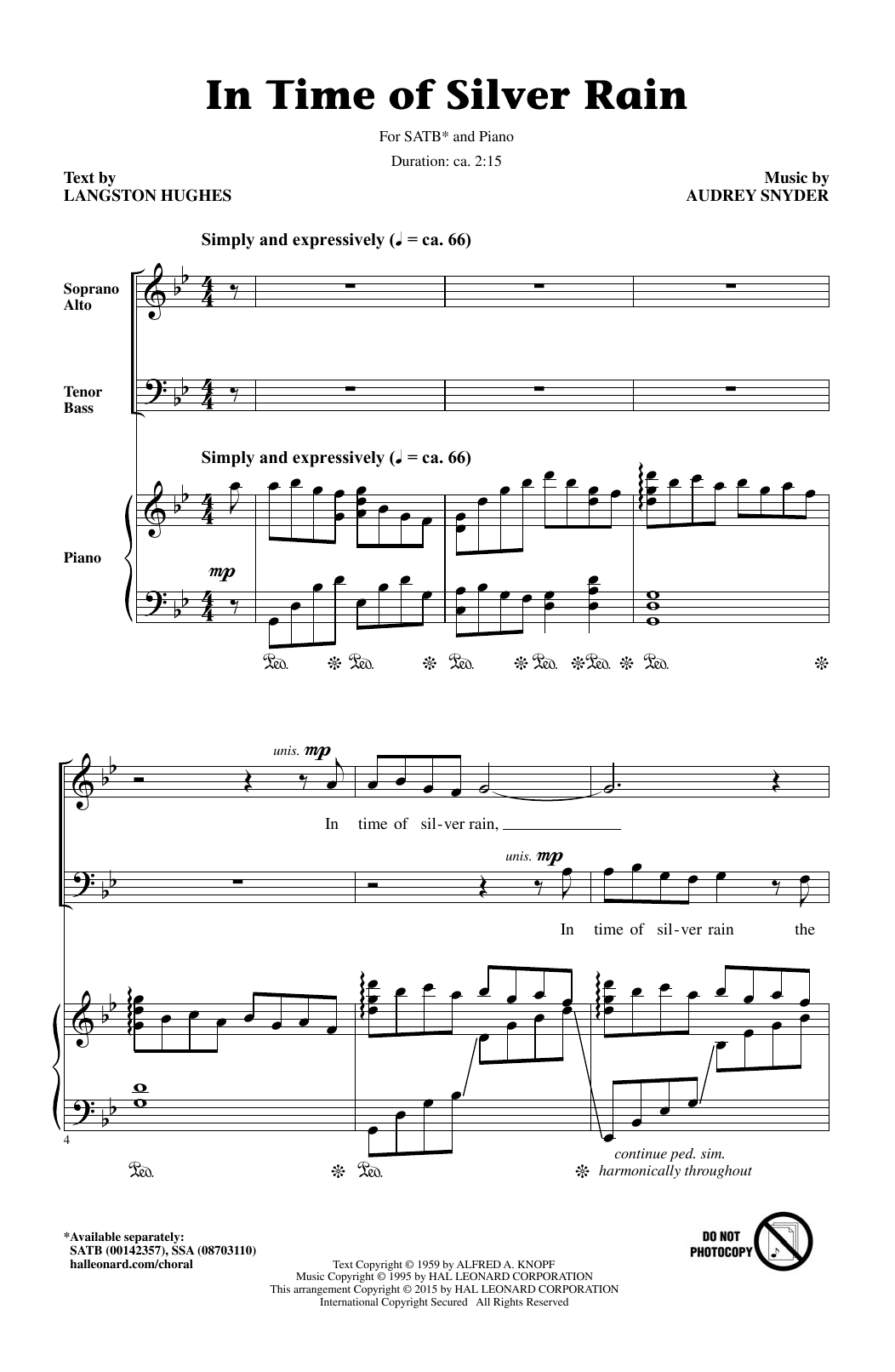 Learn to play Audrey Snyder In Time Of Silver Rain sheet music for SATB Choir in minutes. Price: 3.9900$ Audrey Snyder In Time Of Silver Rain sheet music notes and chords arranged for SATB Choir