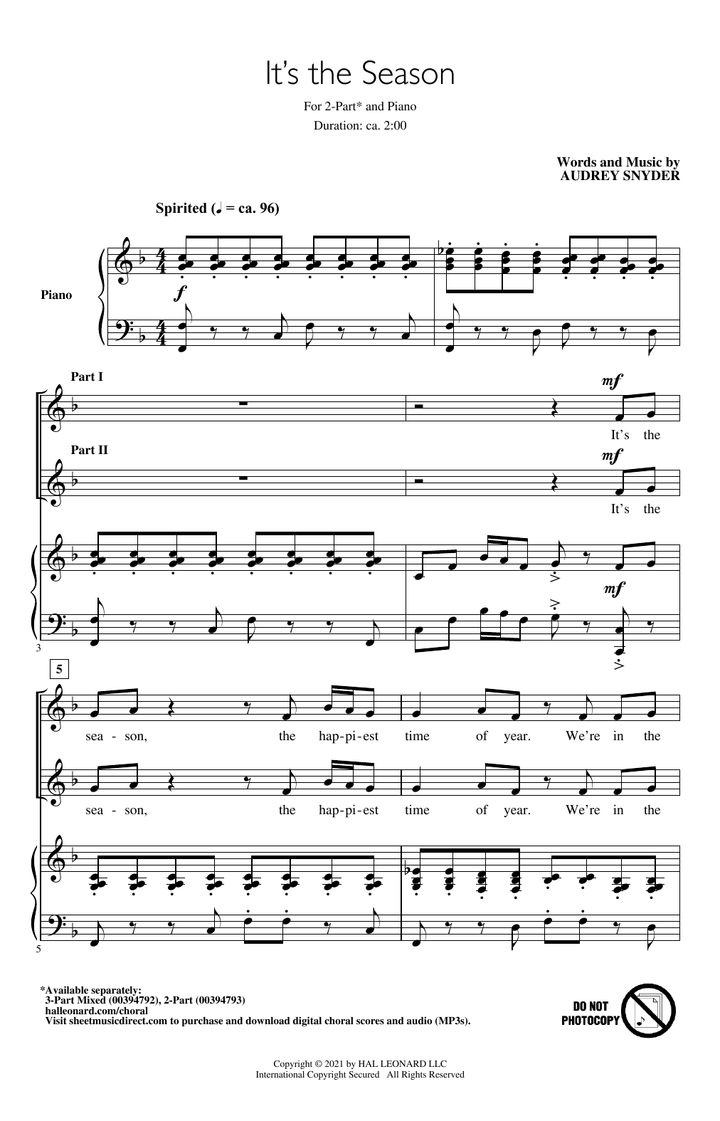 Learn to play Audrey Snyder It's The Season sheet music for 2-Part Choir in minutes. Price: 3.9900$ Audrey Snyder It's The Season sheet music notes and chords arranged for 2-Part Choir