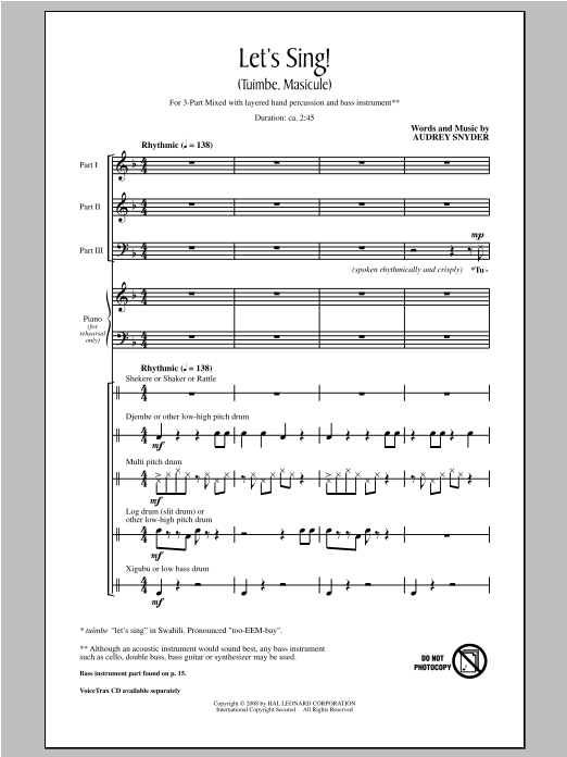 Audrey Snyder Let's Sing (Tuimbe, Masicule) sheet music notes and chords. Download Printable PDF.
