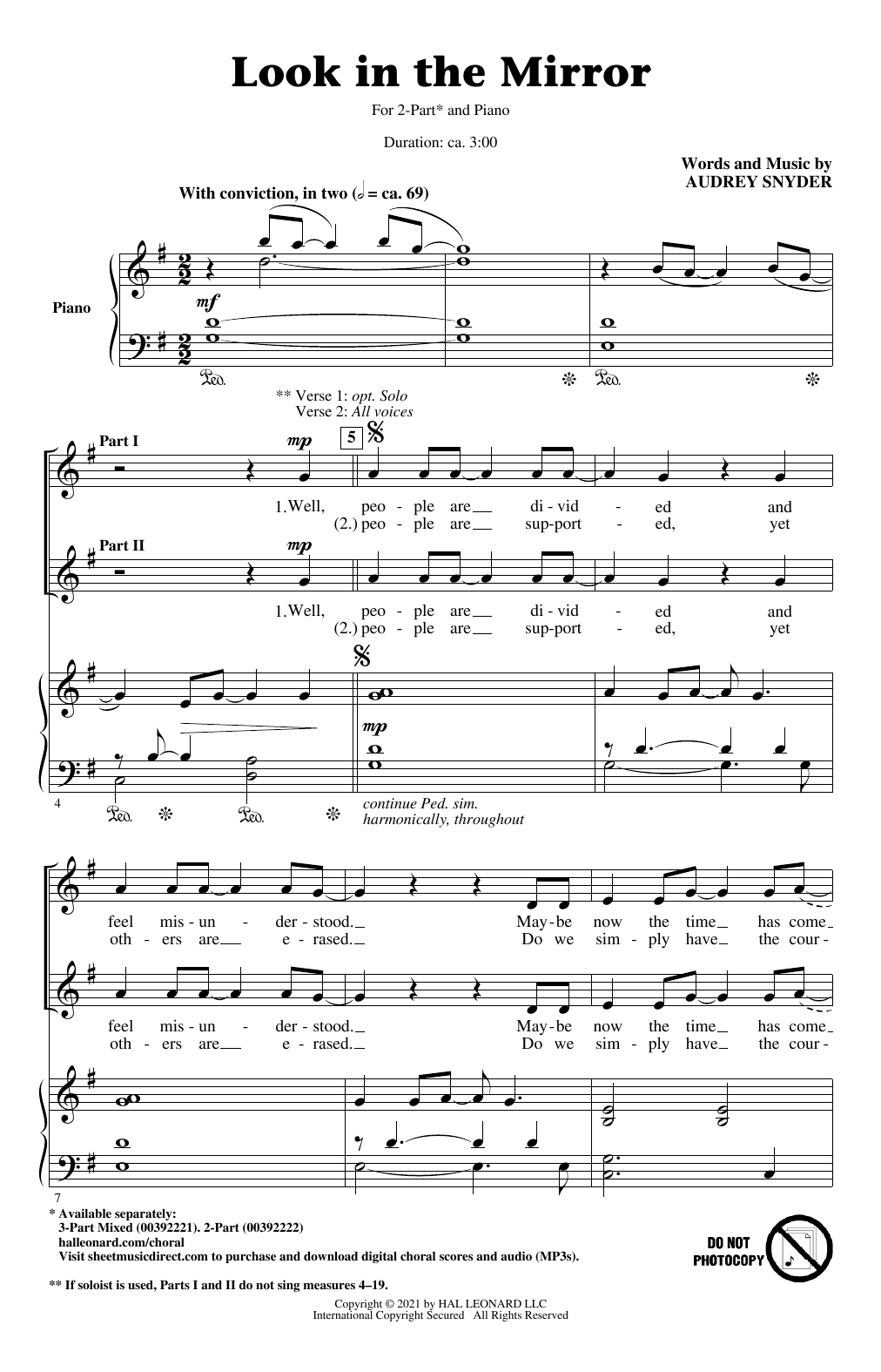 Learn to play Audrey Snyder Look In The Mirror sheet music for 3-Part Mixed Choir in minutes. Price: 3.9900$ Audrey Snyder Look In The Mirror sheet music notes and chords arranged for 3-Part Mixed Choir