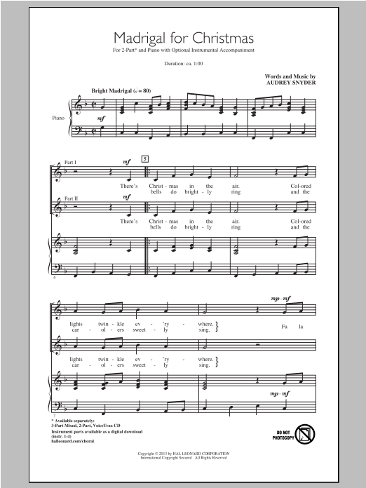 Learn to play Audrey Snyder Madrigal For Christmas sheet music for 3-Part Mixed Choir in minutes. Audrey Snyder Madrigal For Christmas sheet music notes and chords. Download Printable PDF.
