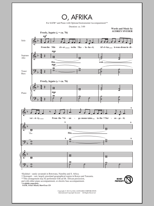 Audrey Snyder O, Afrika sheet music notes and chords. Download Printable PDF.