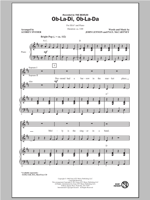 The Beatles Ob-La-Di, Ob-La-Da (arr. Audrey Snyder) sheet music notes and chords arranged for SSA Choir