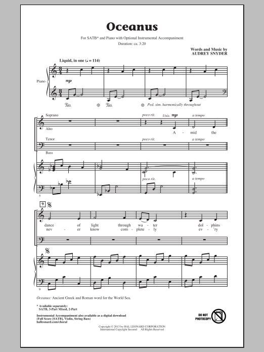 Audrey Snyder Oceanus sheet music notes and chords. Download Printable PDF.